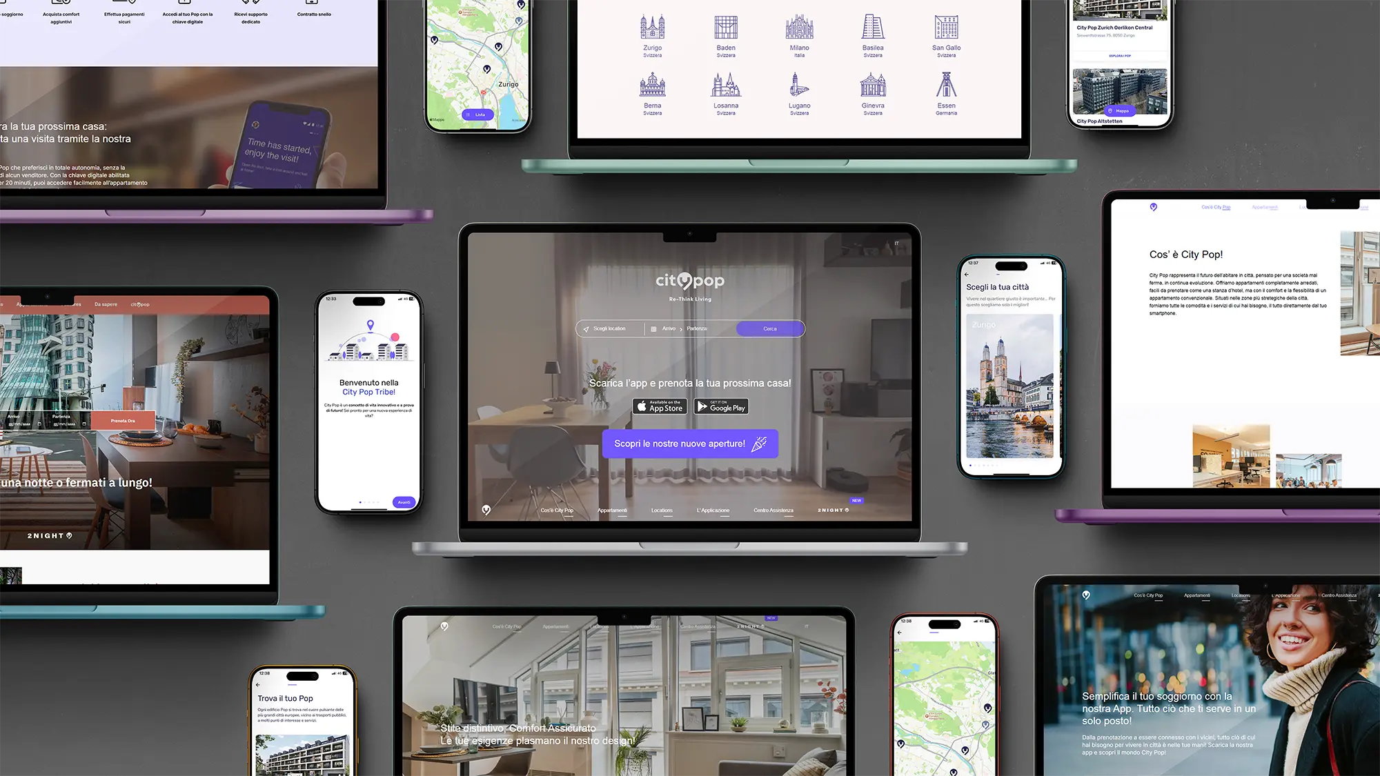 Un collage di schermi digitali che mostrano diverse interfacce utente di app e siti web, tra cui telefoni e tablet, con un'enfasi sul design e la navigazione.