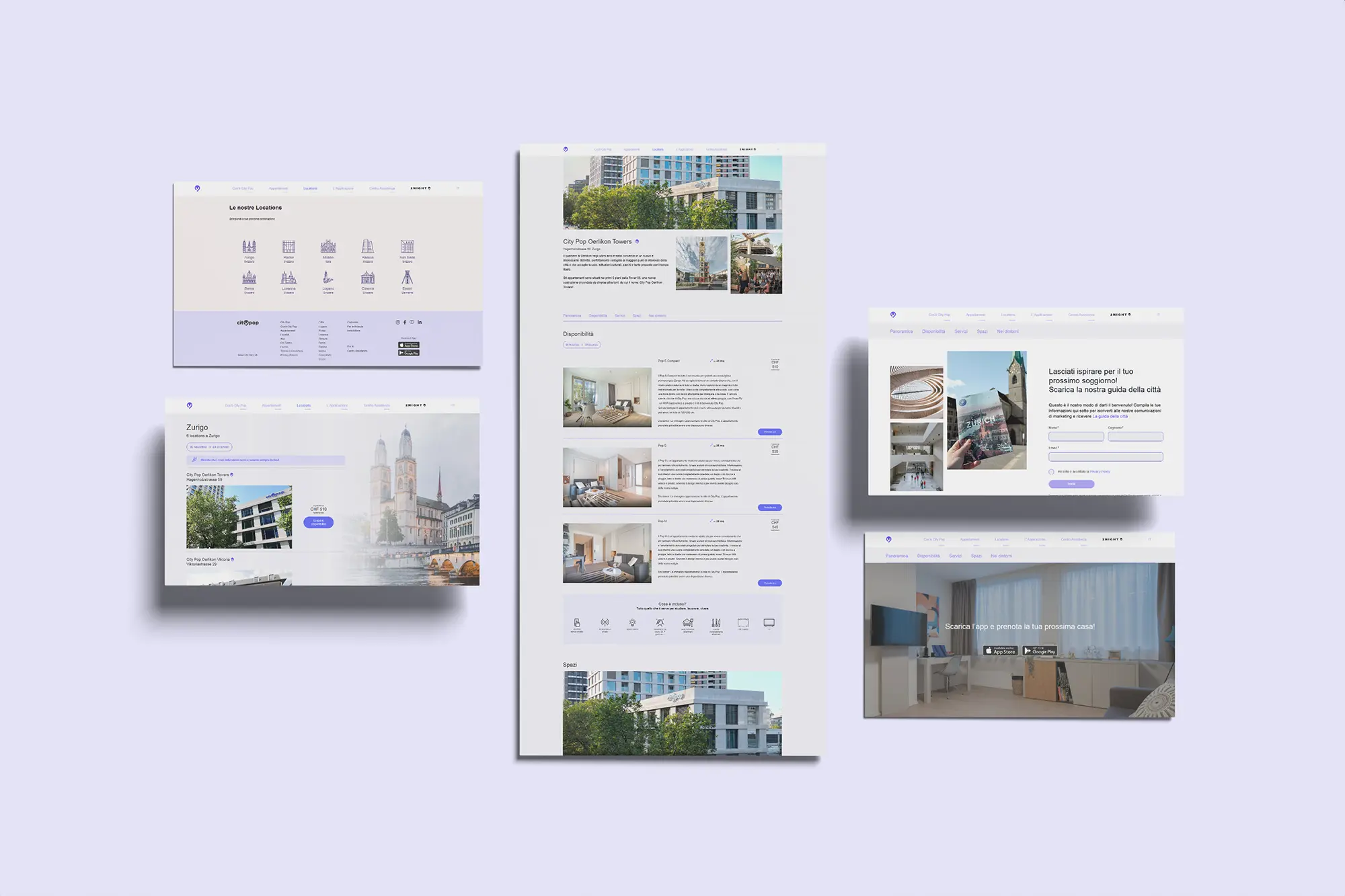 Un layout composito di elementi di interfaccia utente di un sito web o app, tra cui immagini, testo e calendari, su uno sfondo viola chiaro.