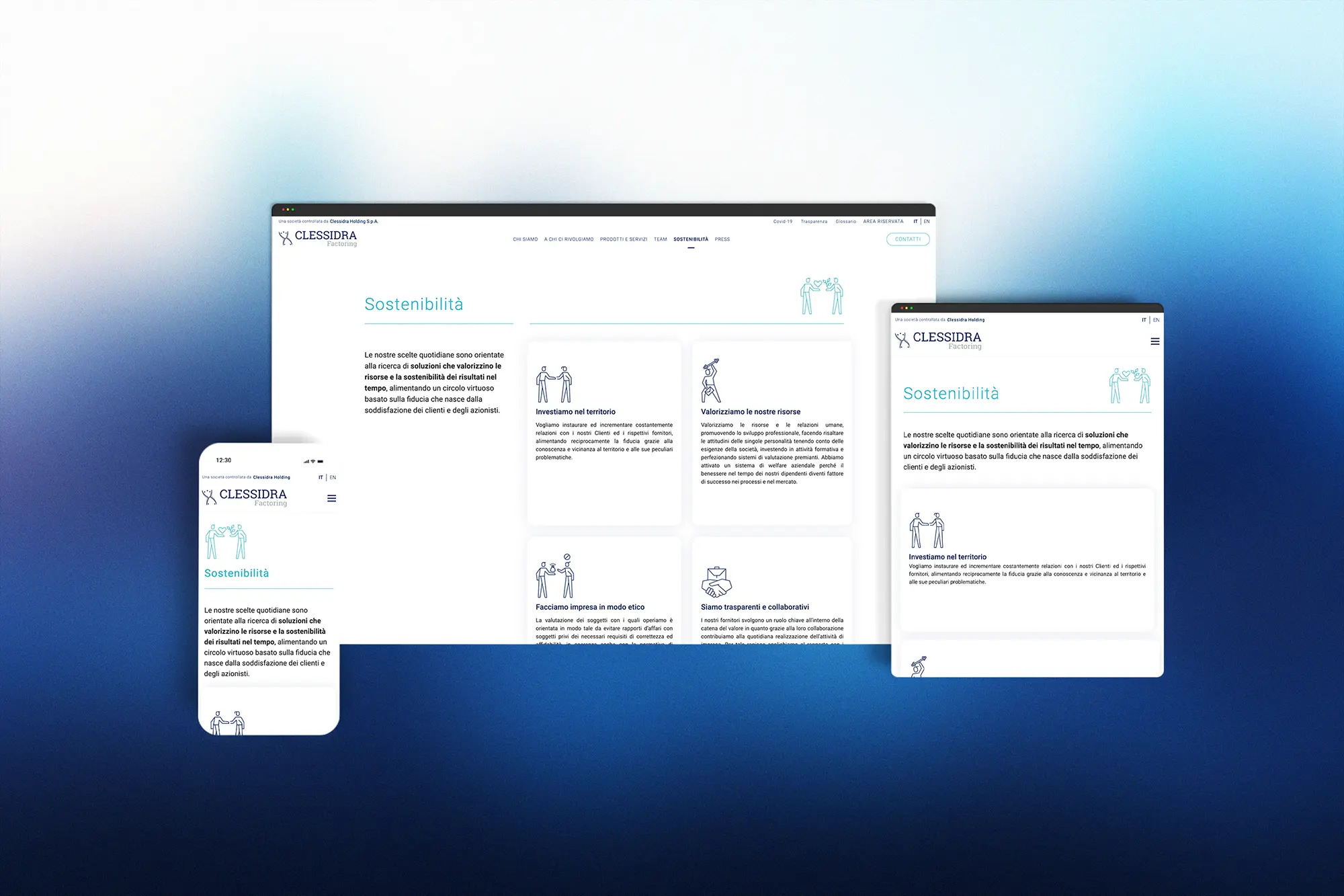 Schermate multiple di un'interfaccia utente web, con testo e elementi di design, su uno sfondo blu sfocato.