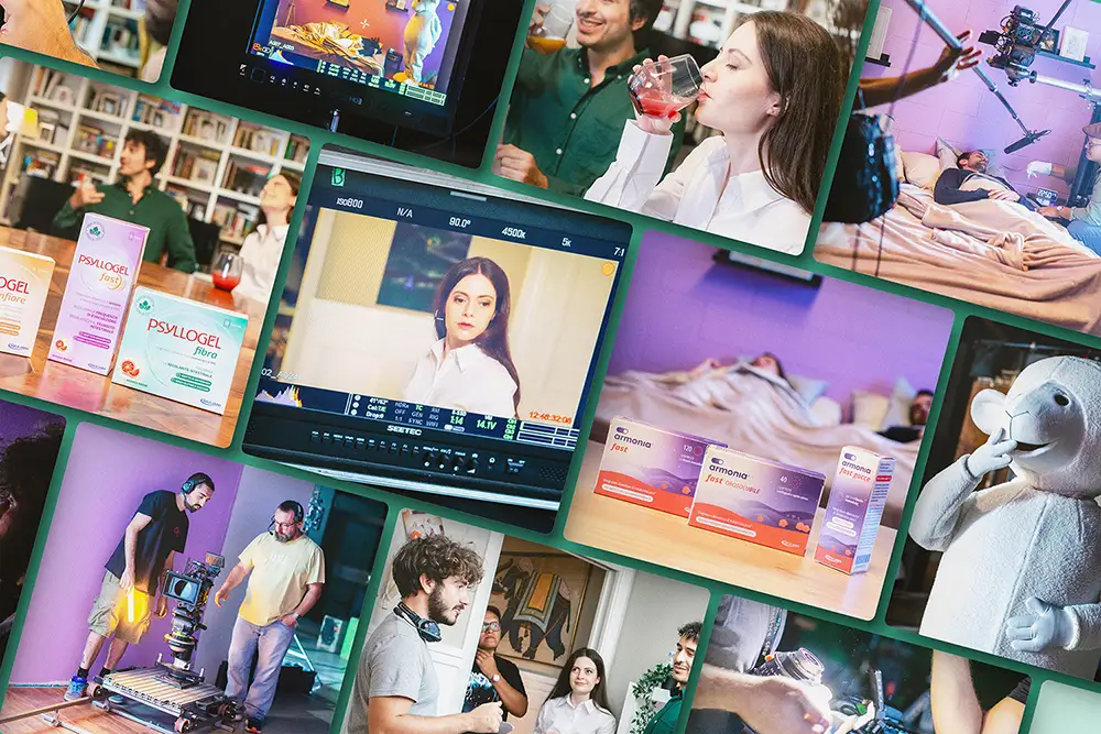Un collage di schermi di computer o tablet che mostrano videochiamate o interazioni online con diverse persone, su uno sfondo viola.