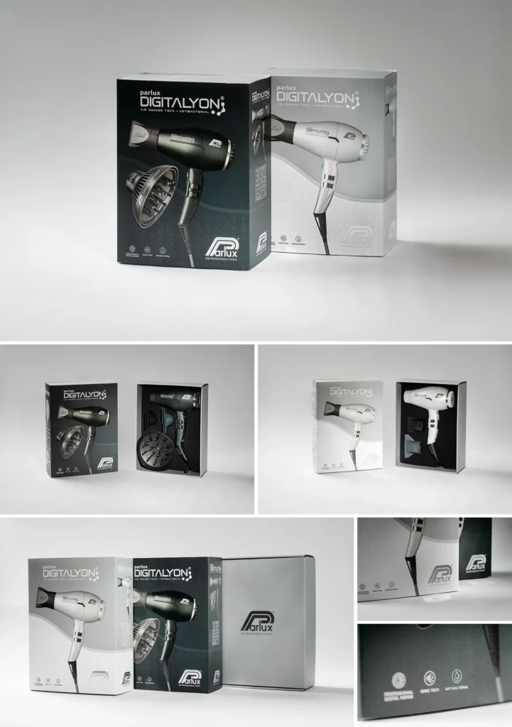 Un collage di immagini che mostrano il packaging dell'asciugacapelli scuro e il suo packaging, con diverse angolazioni e dettagli.