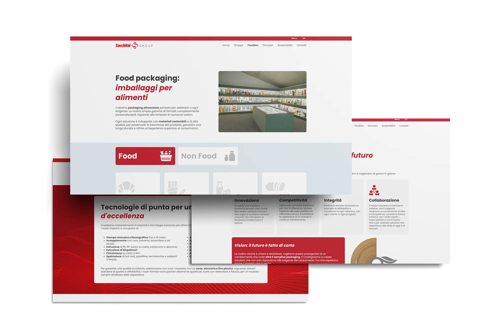 Mockup della pagina Food Packaging del sito Sacchital Group con focus su imballaggi alimentari