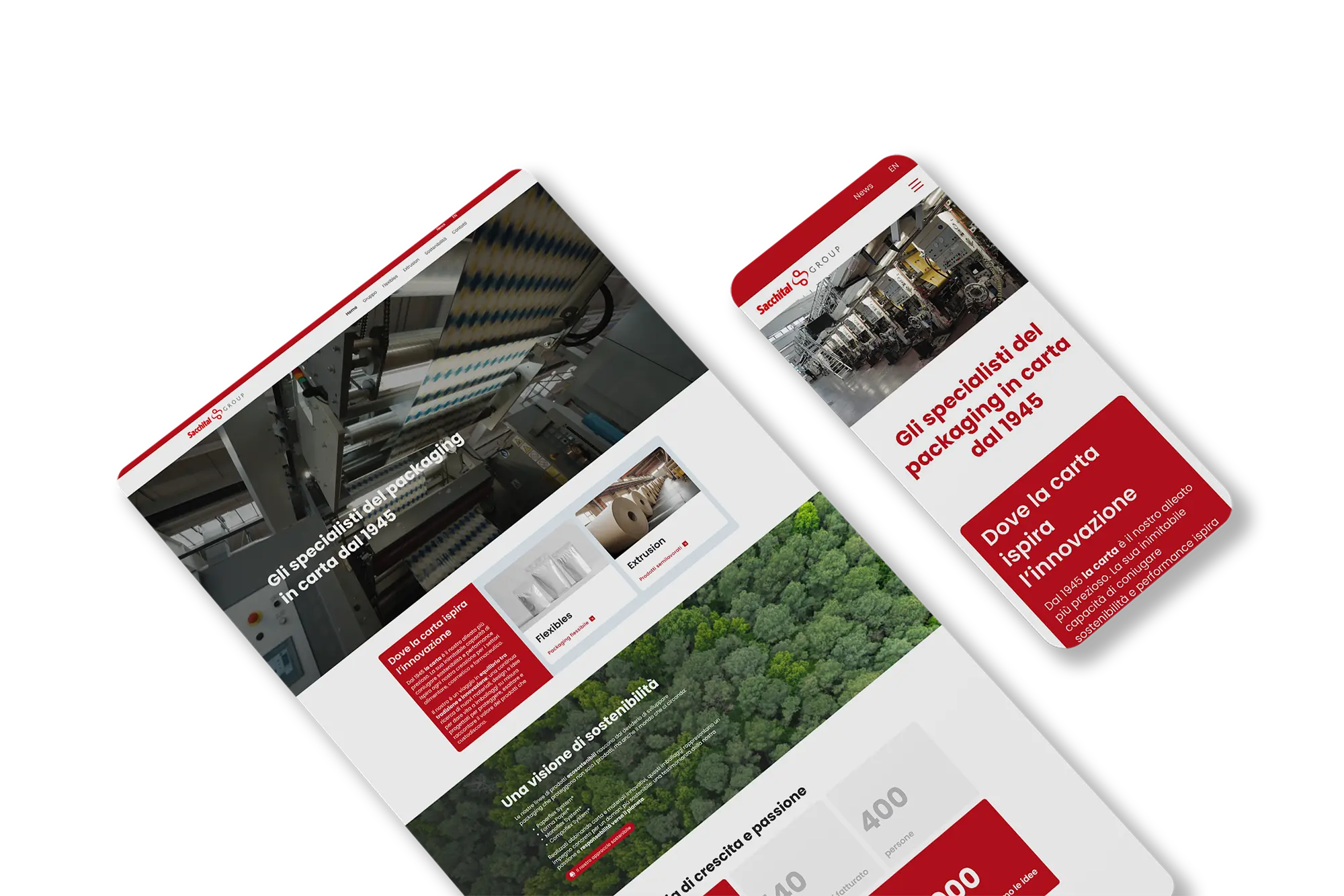 Visualizzazione responsive del sito Sacchital Group con homepage su desktop e mobile, evidenziando la specializzazione nel packaging in carta