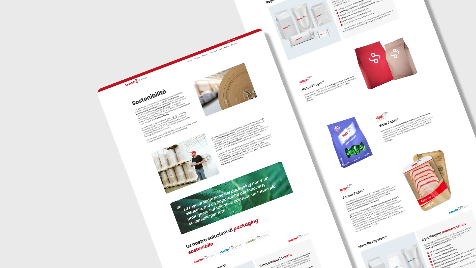 Pagina web Sacchital sulla sostenibilità e soluzioni di packaging in carta, con immagini di prodotti, testi descrittivi e confezioni ecocompatibili.