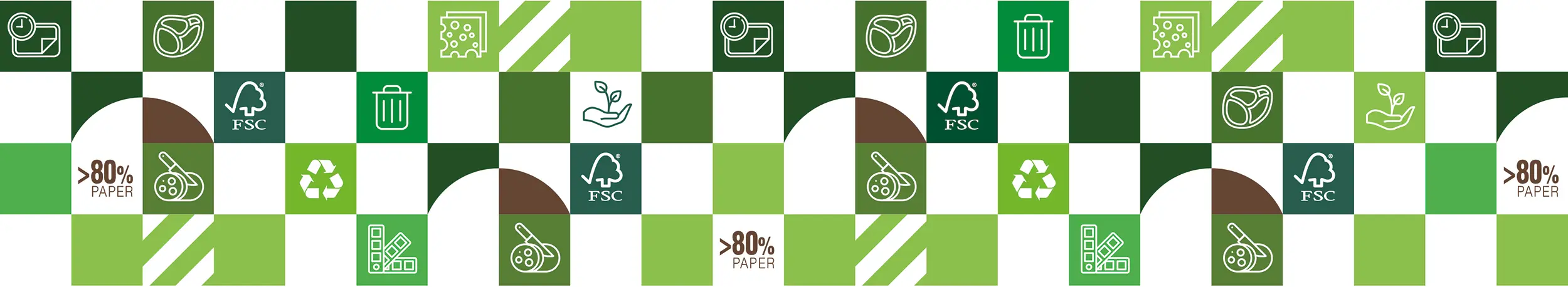 Pattern grafico sostenibile Sacchital con icone ambientali, logo FSC, simboli di riciclo e indicazione ">80% paper" in varie tonalità di verde.