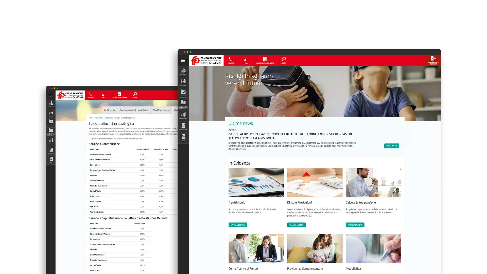 Vista desktop di pagine interne del sito con grafici, articoli e immagini di persone in contesti lavorativi