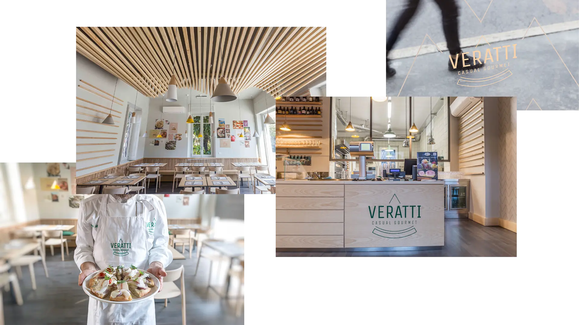Collage con interni del locale Veratti, chef, bancone e branding ambientale.