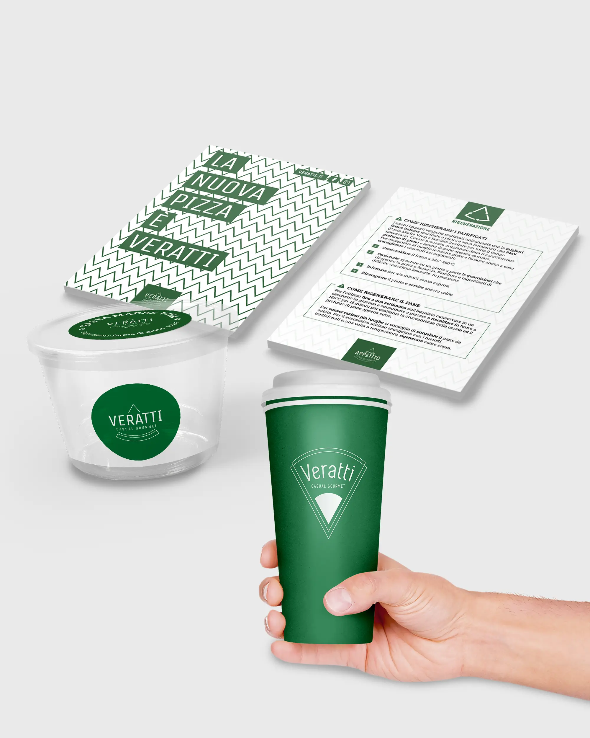 Mockup del packaging brandizzato Veratti: bicchiere take-away, bowl e istruzioni.