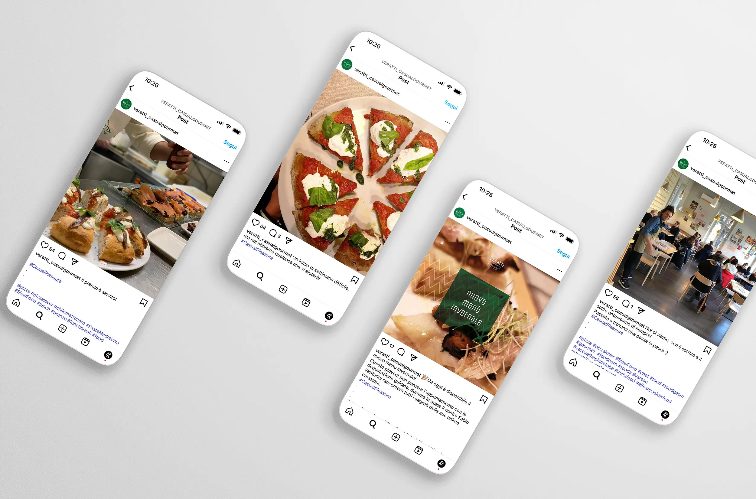 Mockup di 4 post Instagram del brand Veratti che mostrano pizze e momenti in locale.