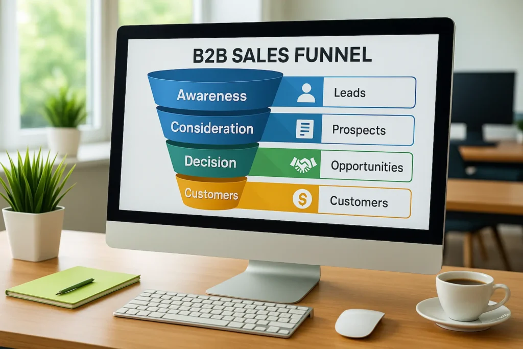 raffigurazione di un funnel del business b2b in uno schermo di un pc fisso, posto sopra una scrivania in un ambiente accogliente e semplice