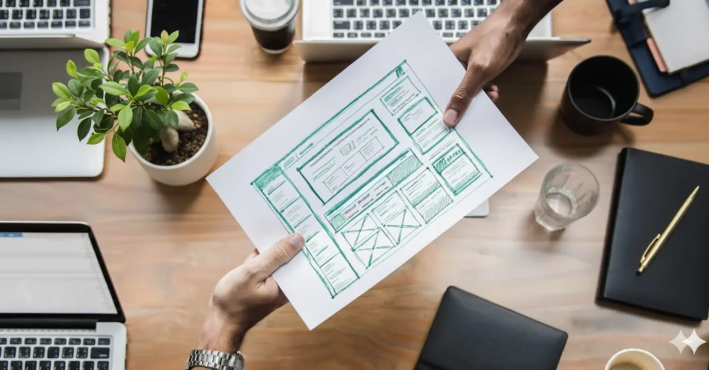 Due mani che si scambiano un foglio con il disegno di una struttura di pagina web, simile a un wireframe. Sul tavolo in legno ci sono laptop, taccuini, caffè, bicchieri e una pianta, creando un ambiente di lavoro creativo e digitale.