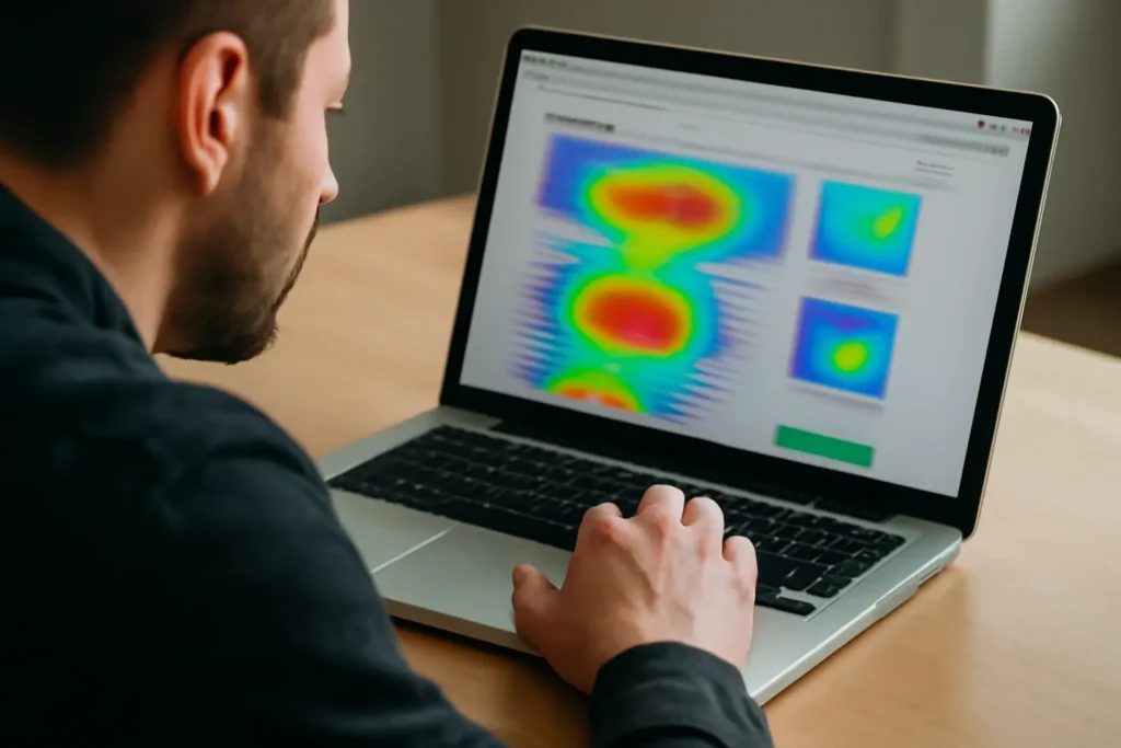 uomo osserva lo schermo d un computer, display computer con macchie di colore rosso verde blu