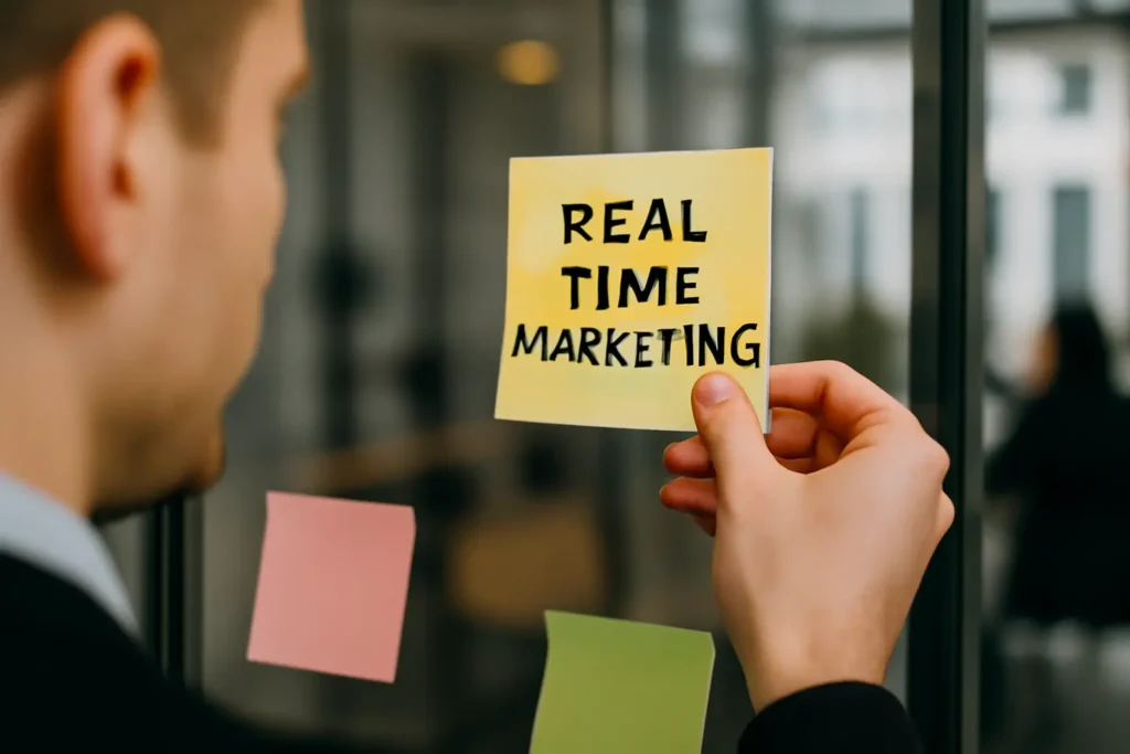 uomo che attacca un post-it con scritto real time marketing su un vetro